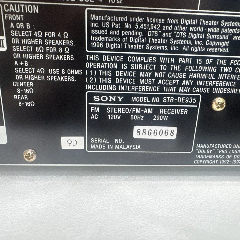 Sony STR-DE935 AV Receiver Dolby Digital/DTS Serial 8866068